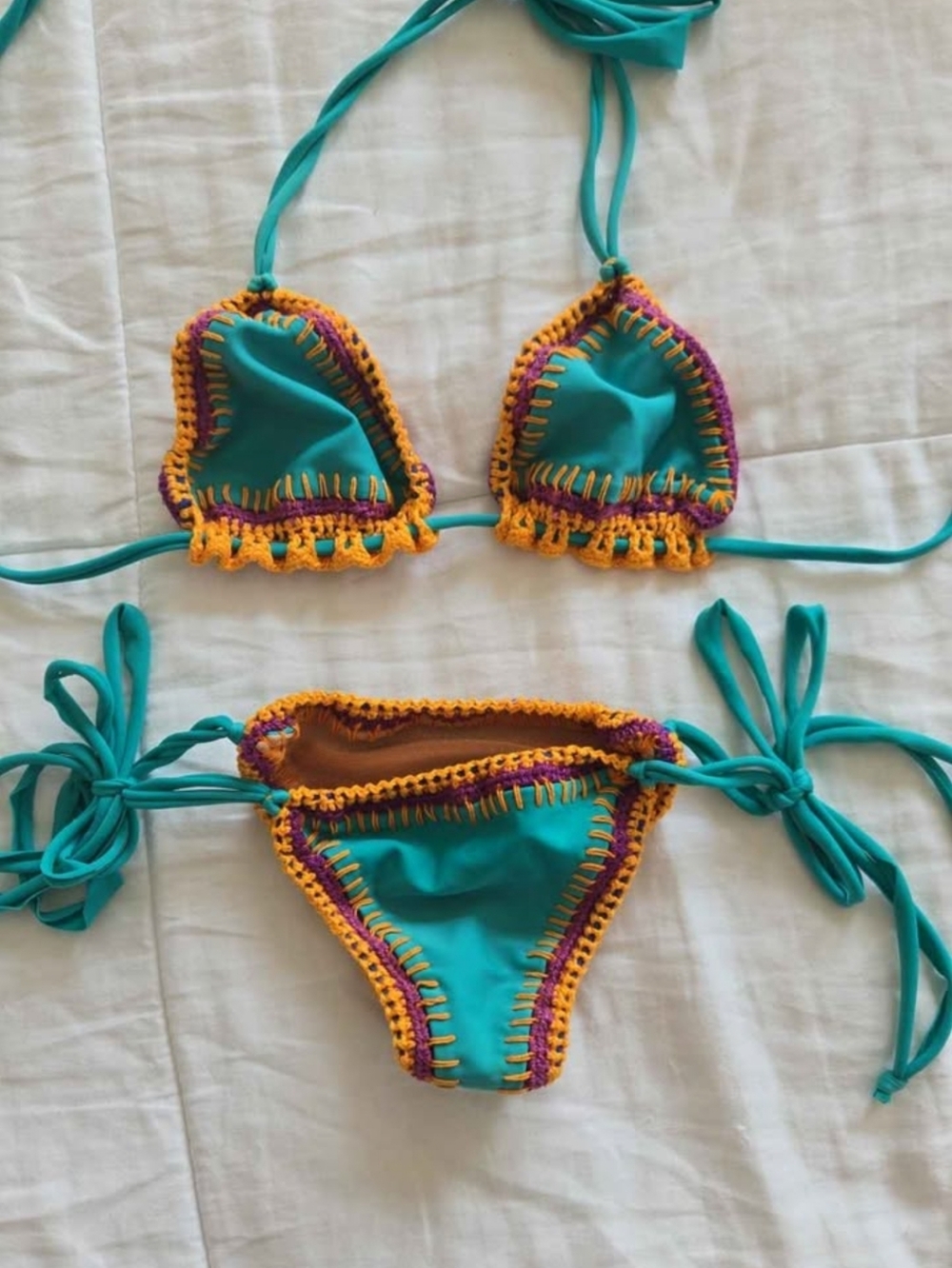 Turquoise And Champagne Crochet-Trim Triangle, Reversible Bikini Set Fron Brazil